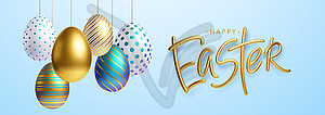 Easter greeting background with realistic golden, - vector clipart