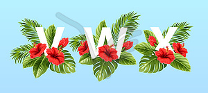 V W X letters surrounded by summer tropical leaves - vector clip art