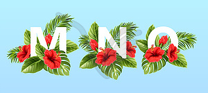 M N O letters surrounded by summer tropical leaves - vector image