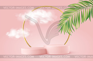 Realistic Pink product podium with golden round - vector clip art