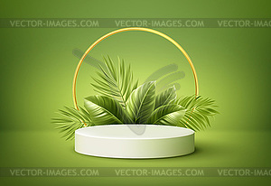 White product podium with green tropical palm leave - vector clip art