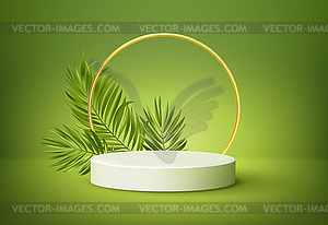 White product podium with green tropical palm leave - vector clipart