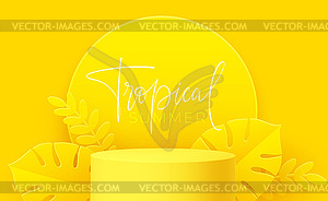 Yellow Product podium with paper cut monstera leaf - vector clipart