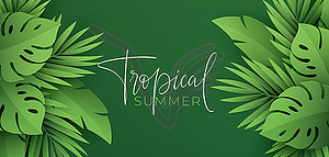 Hello Summer banner. Paper-cut green tropical leave - stock vector clipart