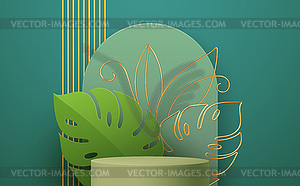 Product podium with golden monstera leaf line art o - vector clip art