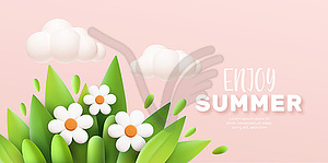 Enjoy Summer 3d realistic background with clouds, - vector clipart