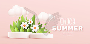 Enjoy Summer 3d realistic background with clouds, - vector clip art