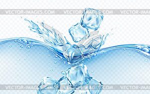 Ice cubes falling into blue transparent wave of - vector image