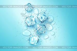 Realistic Ice Cubes and Water Drops on Blue - vector image