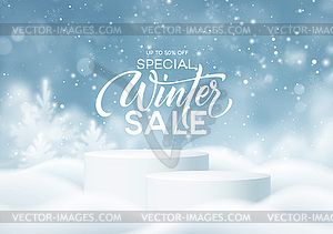 Winter Product podium on background of drifts, - vector image