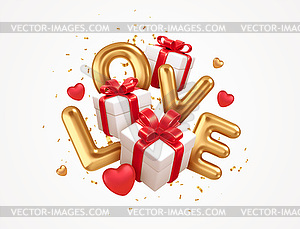 3D подарочные коробки на день Святого Валентина с красными бантами. Золото - векторный клипарт / векторное изображение