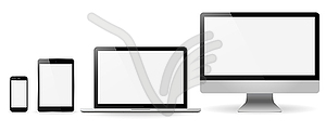 Установите реалистичный планшет Мониторы ноутбук и телефон - векторный клипарт / векторное изображение