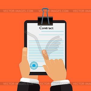 Check contract his hands in flat style - royalty-free vector image