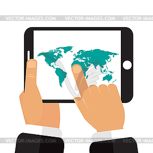 Tablet in hands of map of earth - vector EPS clipart