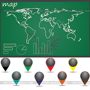 Map drawn on board, accessories to it - vector clipart