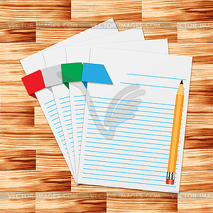 Notepad with pencil on wooden floor - vector clip art