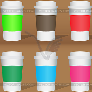Set of colored mugs with shadow on brown background - vector image