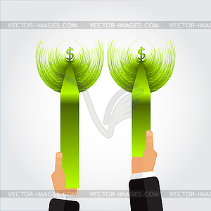 Hands extending for green ribbons with dollar - vector clipart