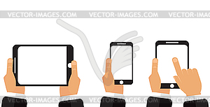 , phone, tablet in his hands - royalty-free vector clipart