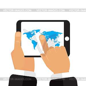 Map earth in hands of tablet - vector clip art