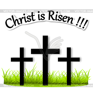 Three crosses on grass Risen Christ - vector clip art