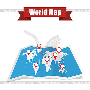 World map with shadow and pointers - vector image