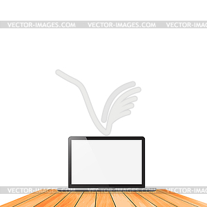 Laptop on wooden floor - vector image