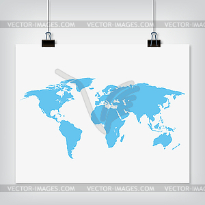 Hanging paper world map blue color sign with shadow - vector clip art