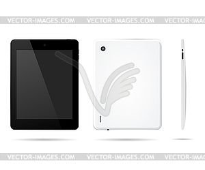Tablet computer in front, back, side with shadow - stock vector clipart