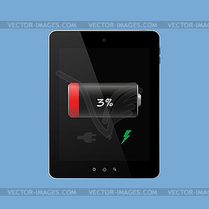 Tablet needs charging discharged on blue background - vector image