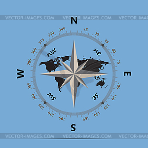 Compass and earth on blue background flat style - vector clip art