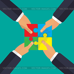 In hands of puzzle teamwork four hand - vector image