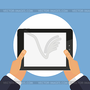 Tablet computer in hand on blue background - stock vector clipart