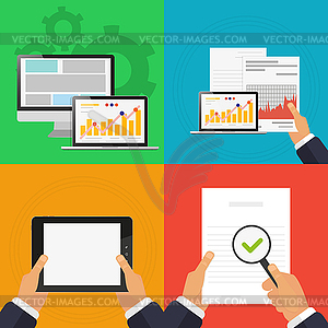 Concept of analyzing scan computer documents - vector clip art