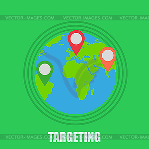 Earth with pointer targeting on green background - vector clip art