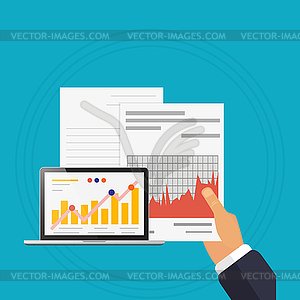 Checking analyzes laptop blue background - vector clipart