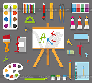 Artist accessories in flat style on gray background - vector image