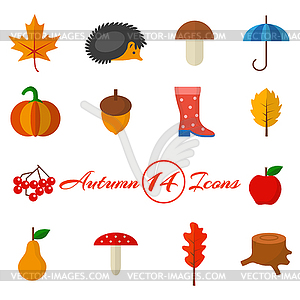 Autumn set of 14 icons in flat style - vector clipart