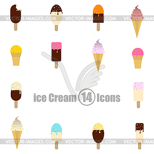 Ice cream set of 14 icons in flat style - vector image