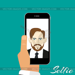 Selfie phone in hand green background - vector image