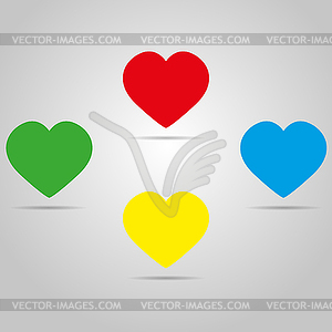 Four colored hearts with shadow on grey color - vector clip art