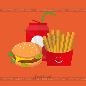 Lunch french fries water on orange background - vector clip art