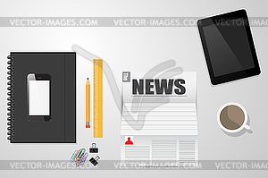 Desktop time to read news, coffee Electronics - vector clip art