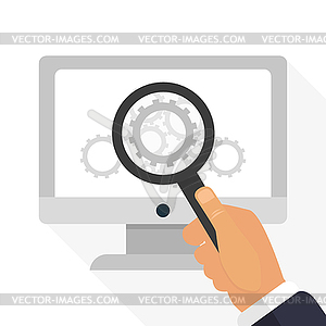 Testing screen gear hand with magnifying - vector clipart