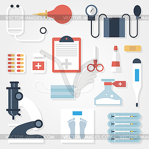 Medical supplies in flat style on gray background - vector clip art