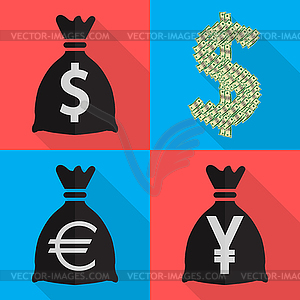 Four icons monetary currency in flat on different - vector clipart