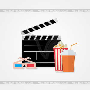 Cinema concept poster with popcorn bowl and glass - vector image