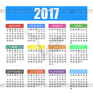 Calendar for year 2017 in colorful flat style - vector clip art