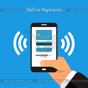 Оплата онлайн с мобильным телефоном на синем фоне - клипарт в векторе / векторное изображение