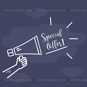 Megaphone in hand with lettering special offer, fla - vector image